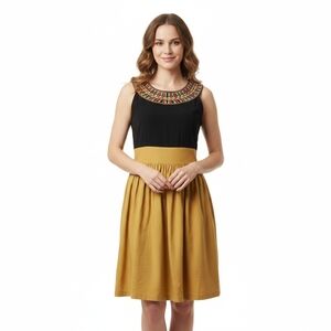 Tiana B. Linen Blend Dress Egyptian Collar Embroidered SZ 10 Black Gold